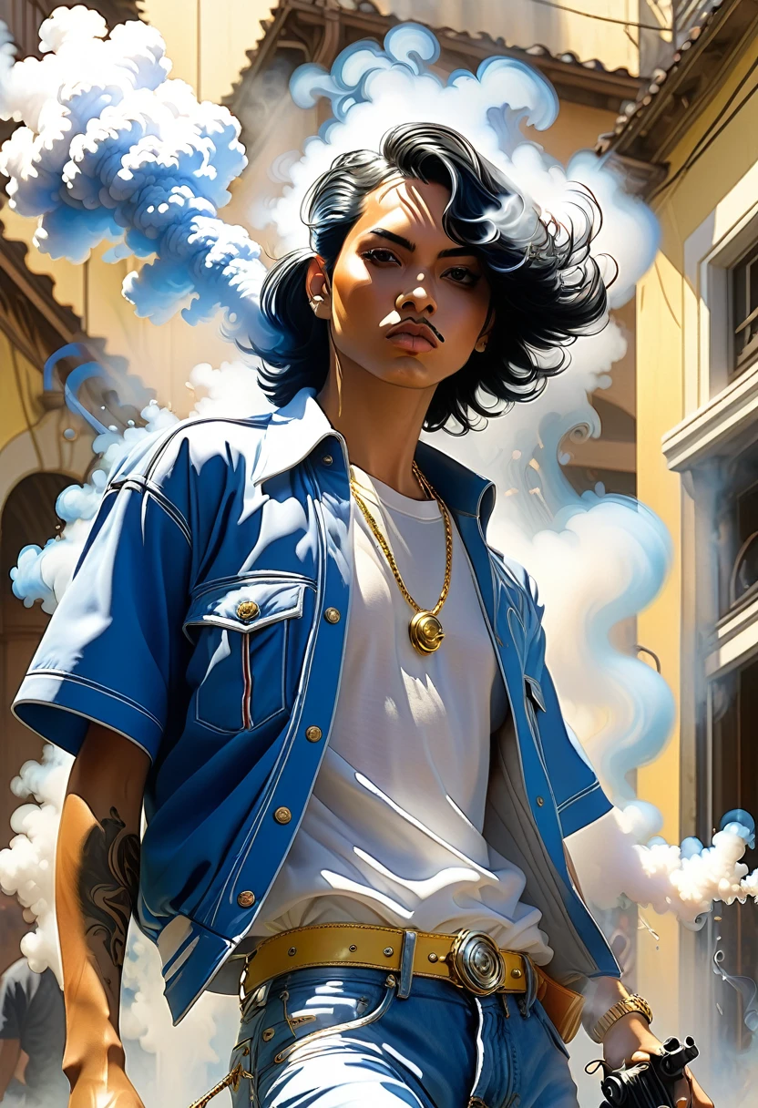 A young techno-mage, Usrican, incoming, Gunz N Butterz, 8K, sharp, light and smoke, photorealistic, photo realistic, by hajime sorayama —h 350