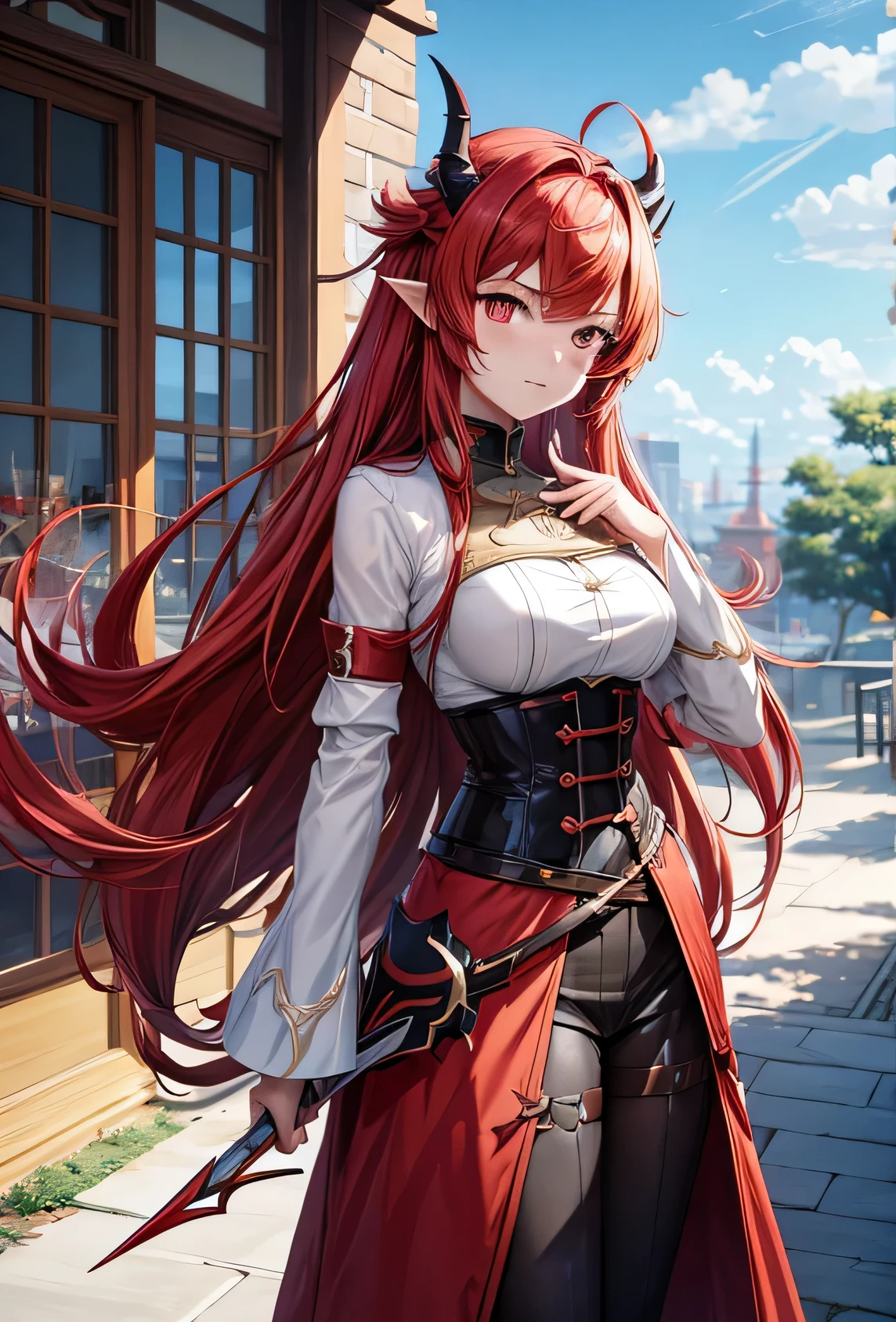 anime character with red hair and horns holding two swords, from arknights, rias gremory, trending on artstation pixiv, demon anime girl, ayaka genshin impact, anime girl with a bow and arrow, anime character design, pixiv 3dcg, ayaka game genshin impact, pretty anime character design, anime full body illustration, 4k, sangat detail, relistic, sempurna