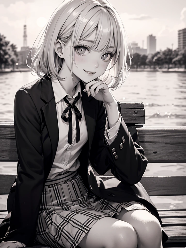 (Monochrome Art),(masterpiece),(4K),high quality,(Perfect Anatomy),Flat Chest,(1 high school girl),((solo)),grey blazer,checkered skirt,red ribbon tie,white hair,Beautiful smile,beautiful and detailed eyes,((sidelong glance)), (highly detailed elegant), detailed skin,dreamy and happy atmosphere, bokeh, silky to the touch, hyper detail,soft pastel tones,soft and warm lighting,sunset,sit on a bench,from the side,black and white and gray