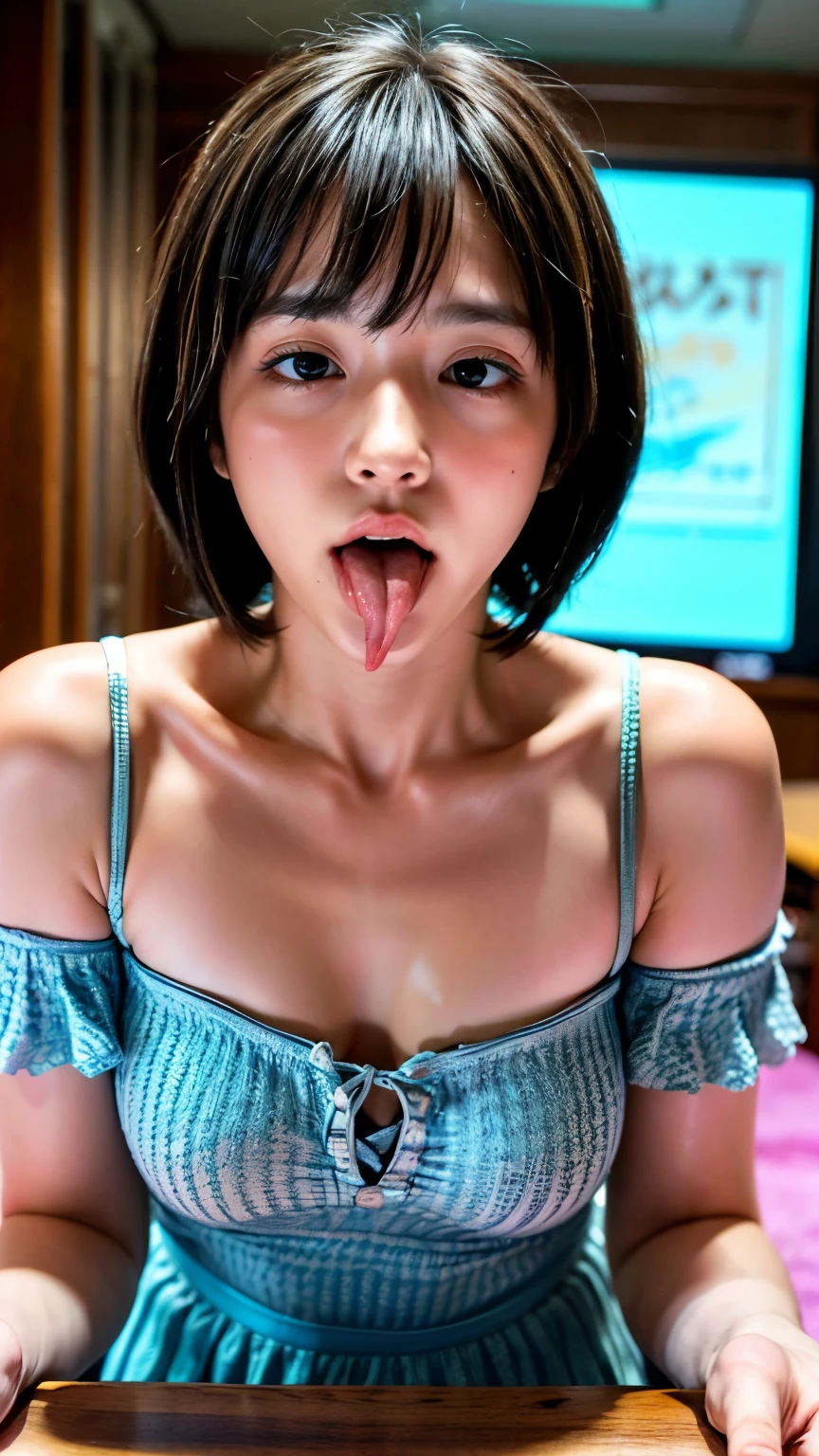 highest quality, masterpiece, ultra high resolution, (realistic: 1.4), RAW photo, A girl yawning in the downtown area, black hair, dramatic lighting, whole body,, micro bikini, huge breasts, bad, kneel down, I can see the tongue,Squat down and spread your legs,Ahegao,stick out your hips,bob cut,Iridescent hair,wet white skin,dripping sweat,silver hair,beautiful face,slender model body,small face,10 heads,