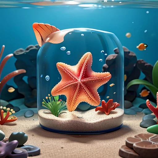 starfish in an aquarium with little fish