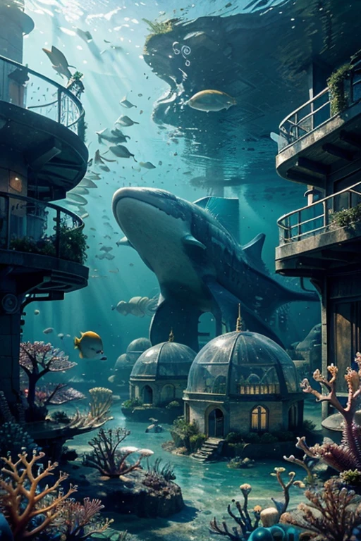 An underwater metropolis with bubble domes, inhabited by merfolk and sea creatures