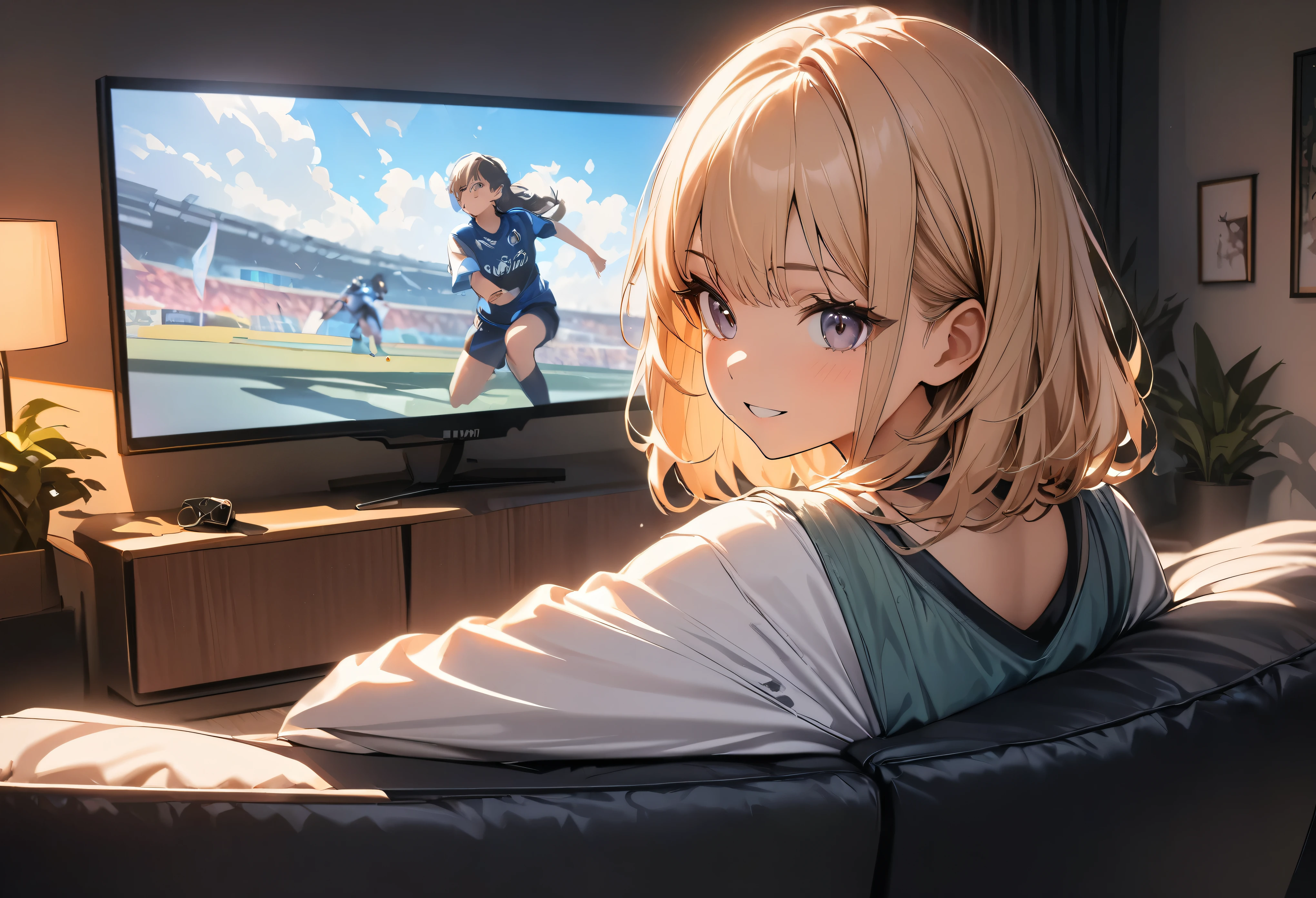 (Highest quality:1.2, Very detailed, up to date, Vibrant, 超High resolution, High Contrast, masterpiece:1.2, Highest quality, Best aesthetics), (((1 girl))), Beautiful young woman watching the Olympics in Very detailed:1.2, Back view of a woman engrossed in watching TV, living room, Cozy interior, ((Large screen TV, Live Sports:1.1, Watching sports in front of the TV)), Soft lighting, Relaxed atmosphere, Elegant Dresses, Focused facial expression, Comfortable sofa, Potted plants, Warm colors, Positive Energy, Calm background, A nurturing presence, High resolution, Sharp focus.