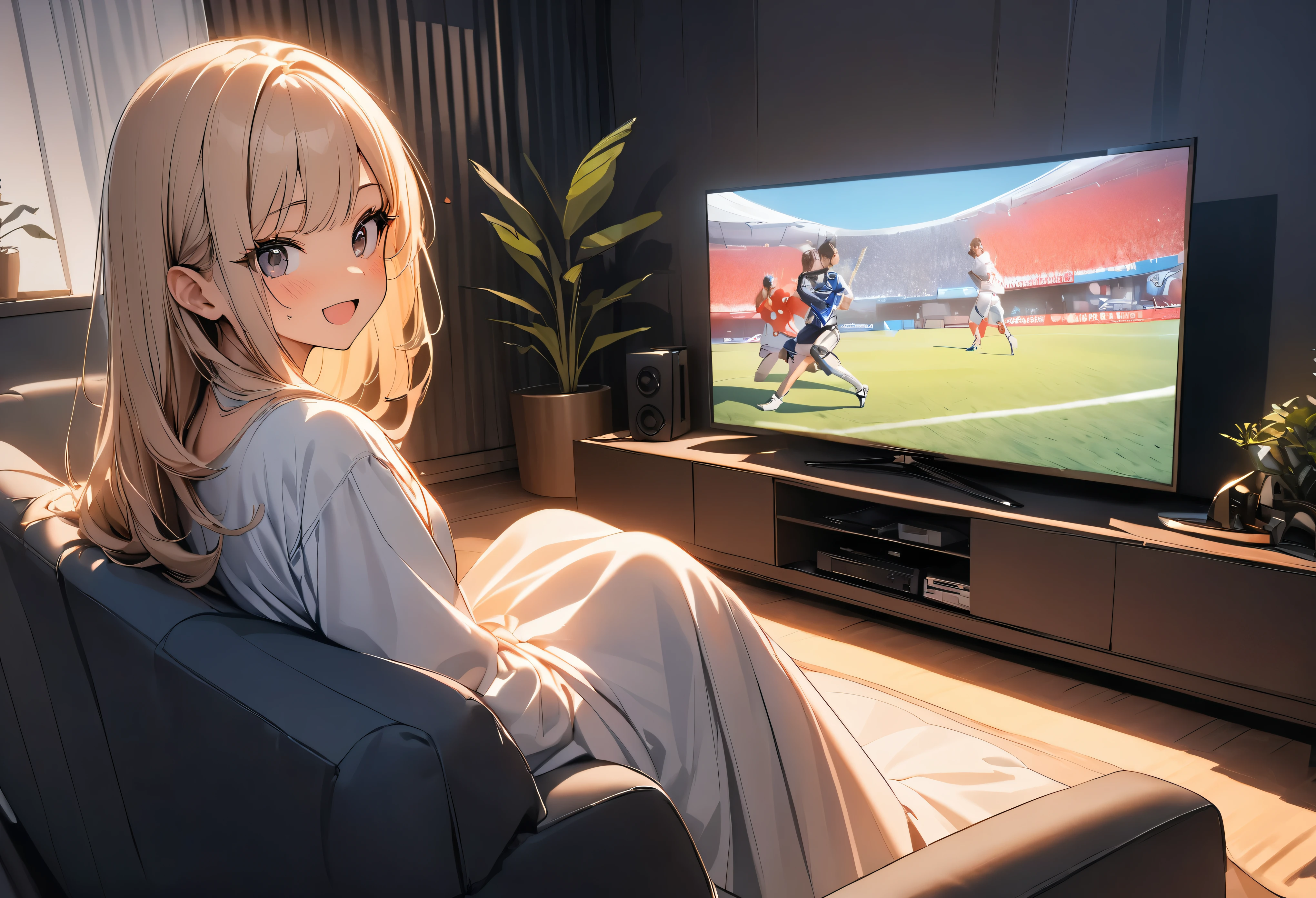 (Highest quality:1.2, Very detailed, up to date, Vibrant, 超High resolution, High Contrast, masterpiece:1.2, Highest quality, Best aesthetics), 1 girl, Beautiful young woman watching the Olympics in Very detailed:1.2, Back view of a woman engrossed in watching TV, living room, Cozy interior, ((1 large screen TV, Live Sports:1.1, Watching sports in front of the TV)), Soft lighting, (Excited, Shout out:1.1), Elegant Dresses, Focused facial expression, Comfortable sofa, Potted plants, Warm colors, Positive Energy, Calm background, A nurturing presence, High resolution, Sharp focus.