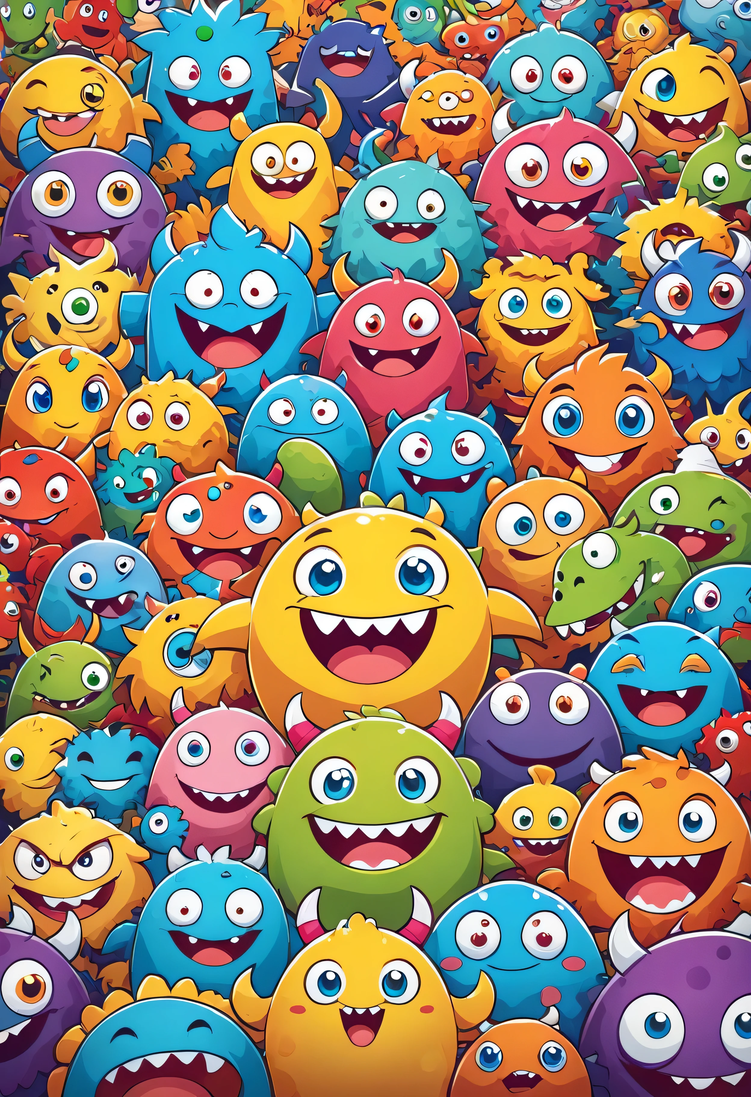 Create a 4K wallpaper with several different colored cartoon monsters, vectorized, friendly and cheerful, representing a happy expression, surrounded by relevant elements and with a suitable background.