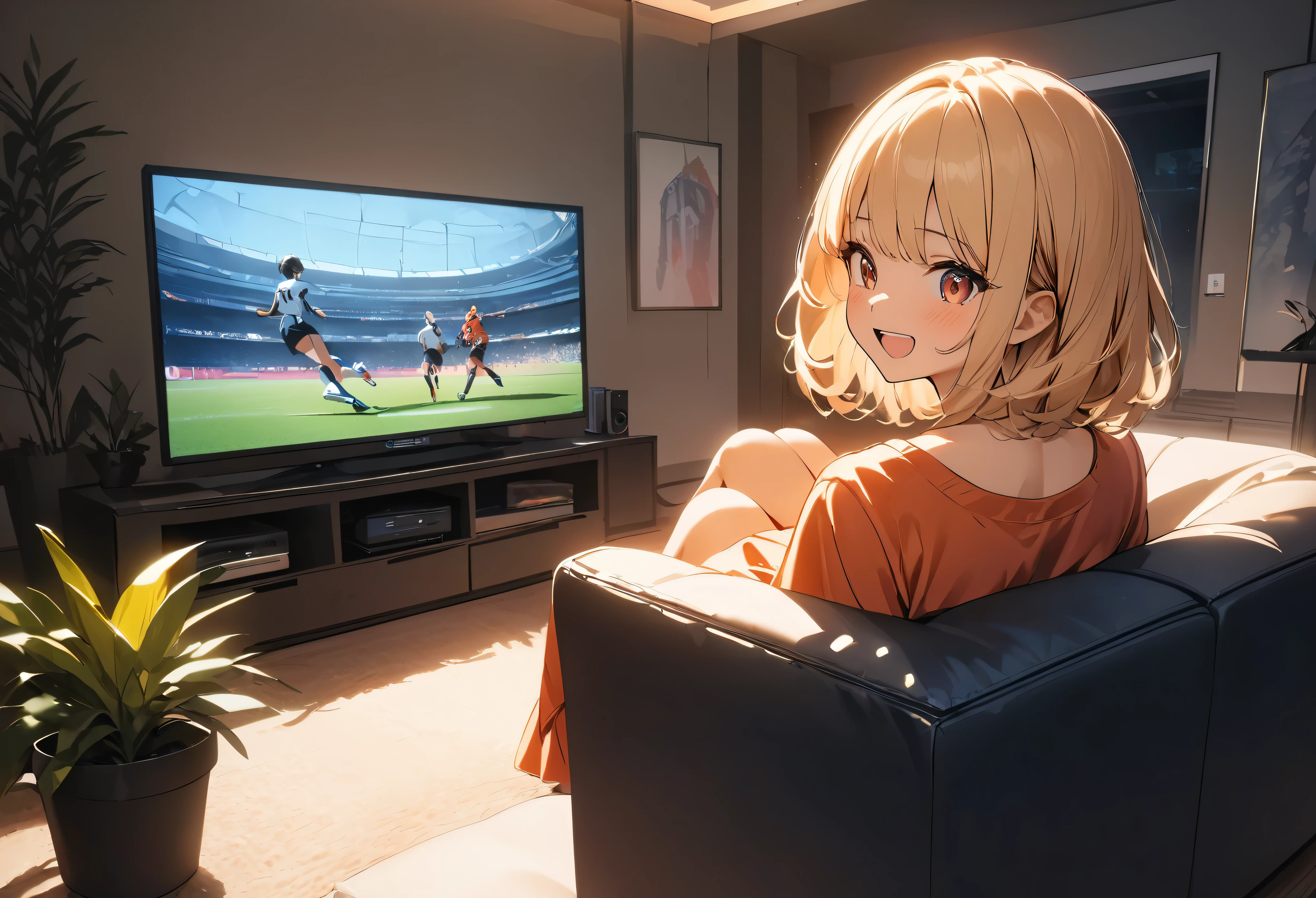 (Highest quality:1.2, Very detailed, up to date, Vibrant, 超High resolution, High Contrast, masterpiece:1.2, Highest quality, Best aesthetics), 1 girl, Beautiful young woman watching the Olympics in Very detailed:1.2, Back view of a woman engrossed in watching TV, living room, Cozy interior, ((1. Live sports on a large screen TV:1.1, Watching sports in front of the TV)), Soft lighting, (Excited, Shout out:1.1), Elegant Dresses, Focused facial expression, Comfortable sofa, Potted plants, Warm colors, Positive Energy, Calm background, A nurturing presence, High resolution, Sharp focus.