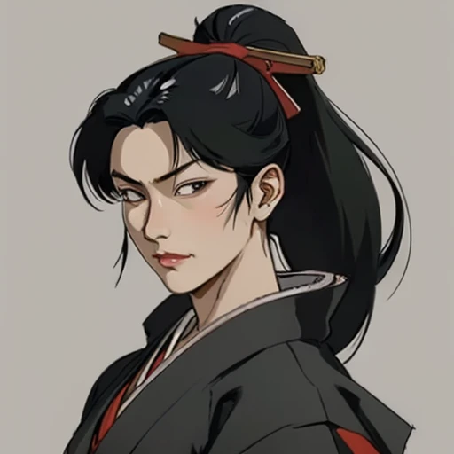 (masterpiece), (best quality),(portrait),(bust up),1girl,solo,(sharp focus),(look at viewer),Samurai girl,black hair, kimono, ancient luxurious long clothes,（simple background),old school fantasy art,cimagarahau,1woman,sidelocks,