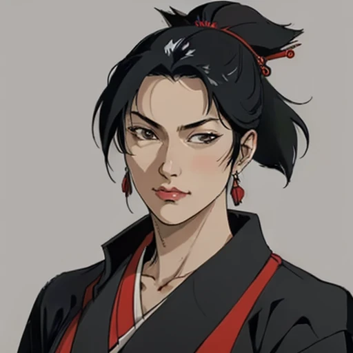 (masterpiece), (best quality),(portrait),(bust up),1girl,solo,(sharp focus),(look at viewer),Samurai girl,black hair, kimono, ancient luxurious long clothes,（simple background),old school fantasy art,cimagarahau,1woman,sidelocks,