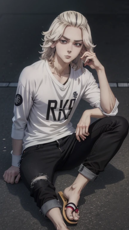 A male character in the anime series "Tokyo Ravenger" named Mikey has white eyes, black pupils, with long, gray hair that reaches his shoulders, wearing his trademark black jeans shirt, wavy sailor pants, flip-flops, sitting at school.