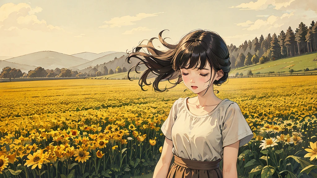 Flower field swaying in the wind,Emotional,Warm tones