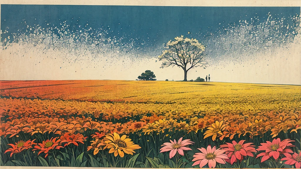 Flower field swaying in the wind,Emotional,Warm tones