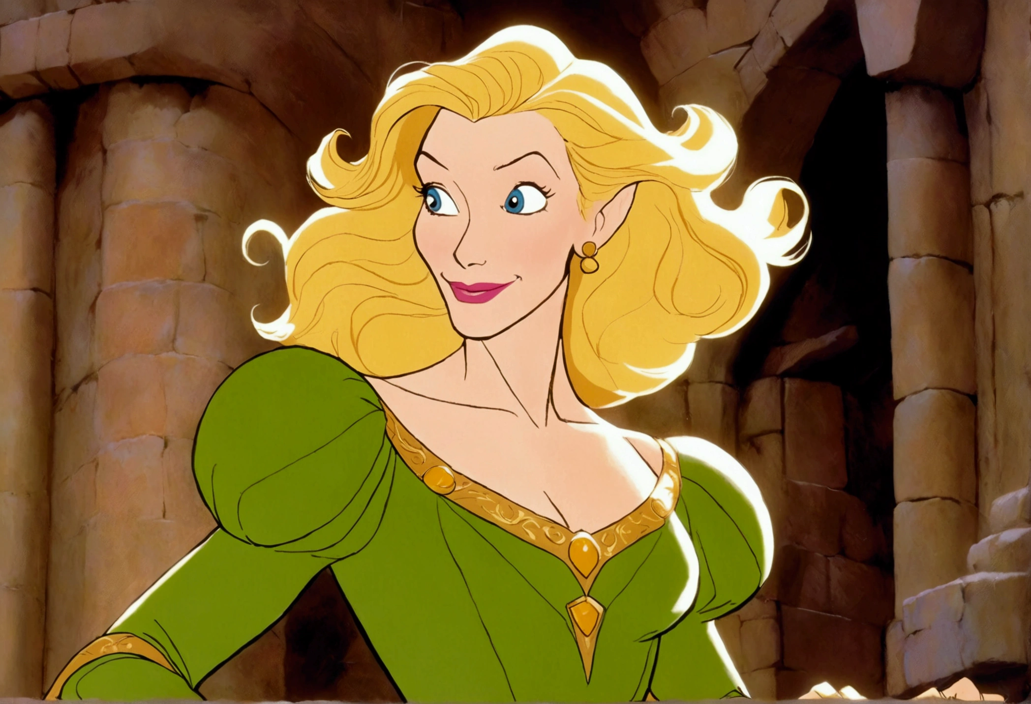 Cate Blanchett, age 25, is in costume as Princess Daphne from video game Dragon's lair. Damsel in distress, dramatic poses, overly sexual, dangerous dungeon setting
