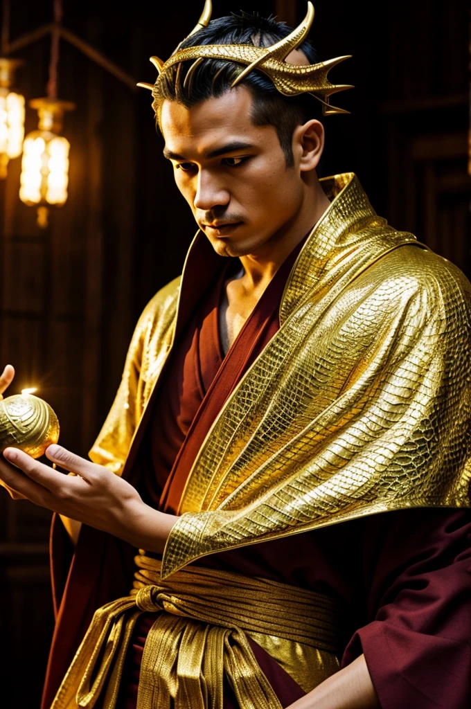 Dragon with golden scales, with a monk-robe on