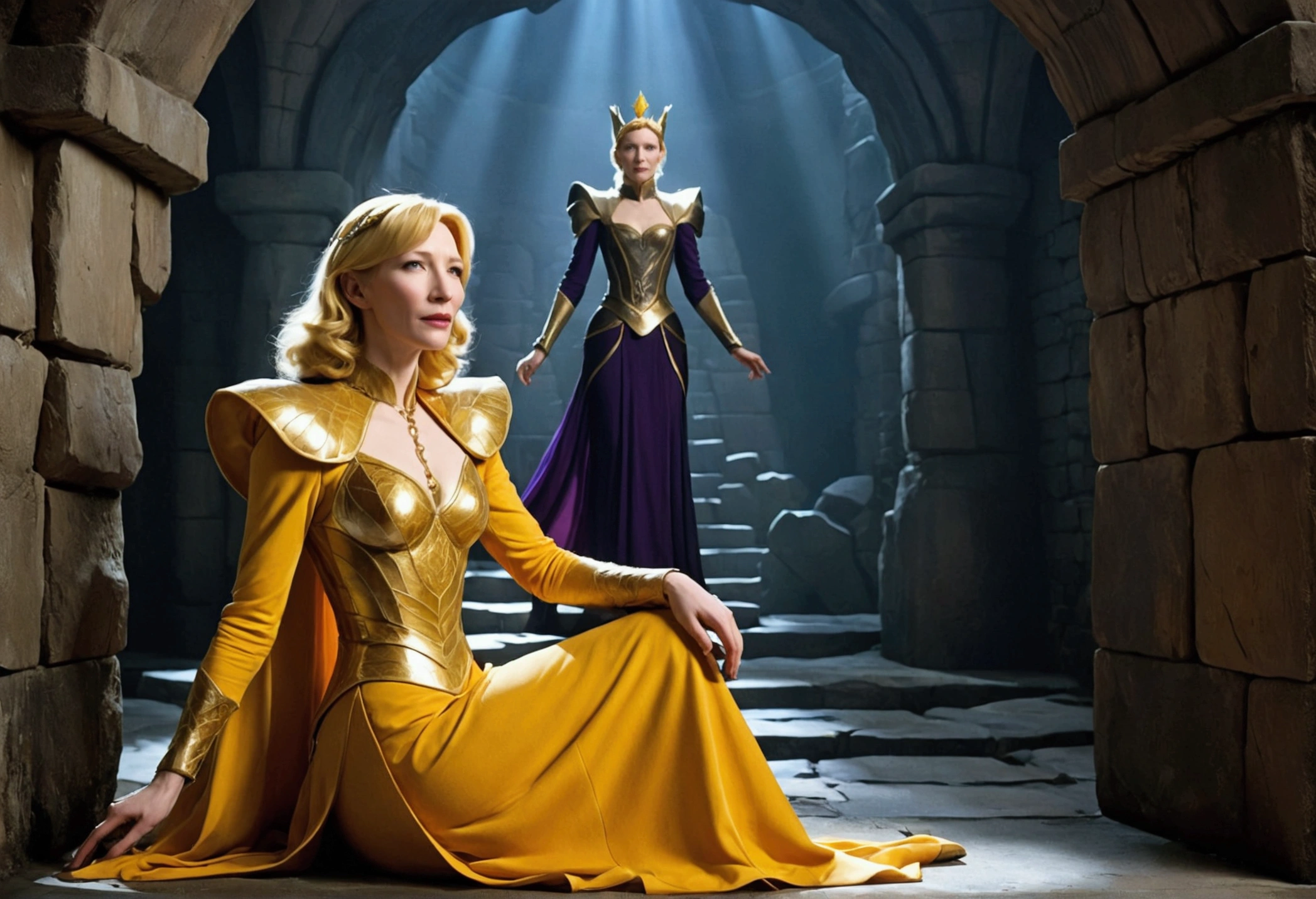 Cate Blanchett, age 25, is in costume as Princess Daphne from video game Dragon's lair. Damsel in distress, dramatic poses, overly sexual, dangerous dungeon setting
