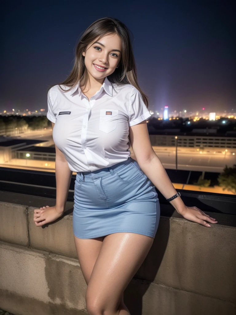 1girl, (uniform), standing, outdoors, night view, detailed Metropolitan city at the background, detailed face, little smile, detailed eyes, big breasts, smooth realistic skin, semi-curvy body, white shirt, grey blue miniskirt, looking at the audience, (8k, RAW photo, best quality, masterpiece: 1.2), (realistic, realistic: 1.37), ultra-high resolution
