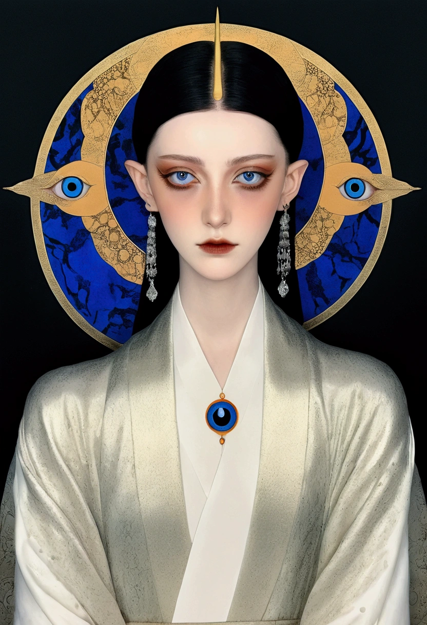 The art of math,Digital Illustration,Drawing,Decorative paintings,Watercolor,(((Harry Clark (Harry Clarke) style,圣地亚哥·卡鲁索style))),Simple,clean,Fine painting style,(((The third eye on the forehead。short hair,Pointed ears,robe))),Wide Angle,Black and blue,Solid color background,Human anatomy is correct
