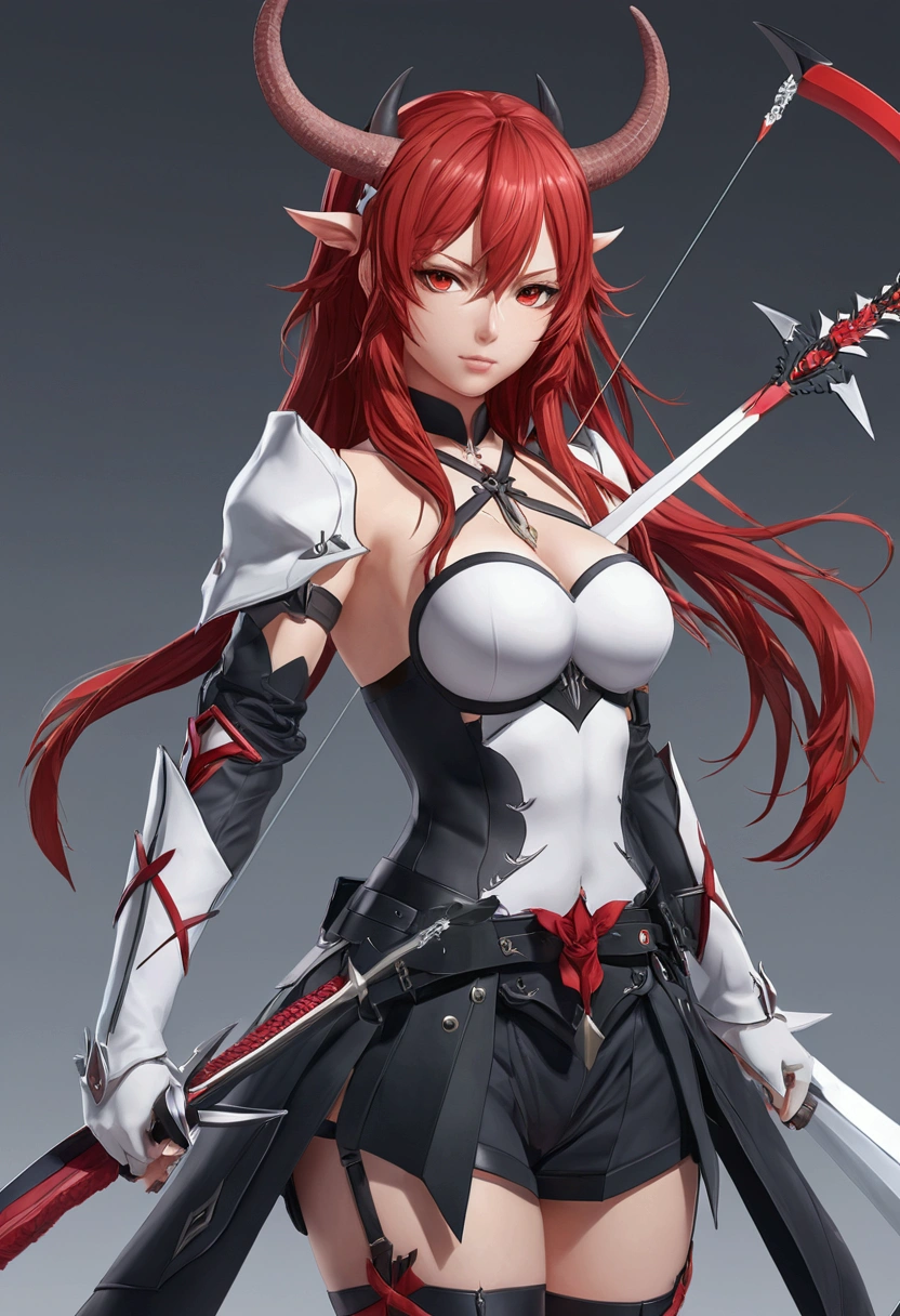 anime character with red hair and horns holding two swords, from arknights, rias gremory, trending on artstation pixiv, demon anime girl, ayaka genshin impact, anime girl with a bow and arrow, anime character design, pixiv 3dcg, ayaka game genshin impact, pretty anime character design, anime full body illustration, 4k, sangat detail, relistic, sempurna