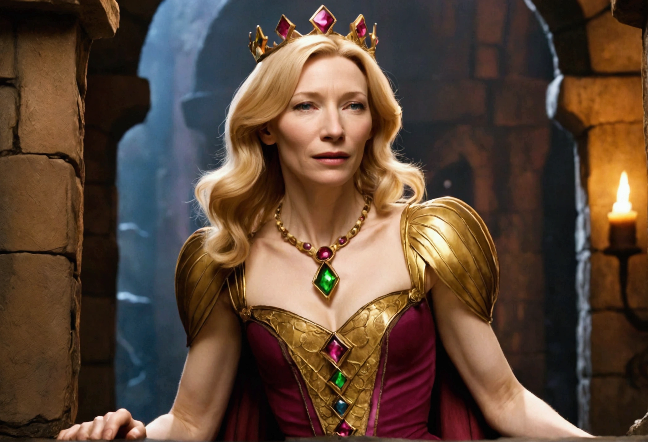 Cate Blanchett, age 25, is in costume as Princess Daphne from video game Dragon's lair. Damsel in distress, dramatic poses, overly sexual, dangerous dungeon setting