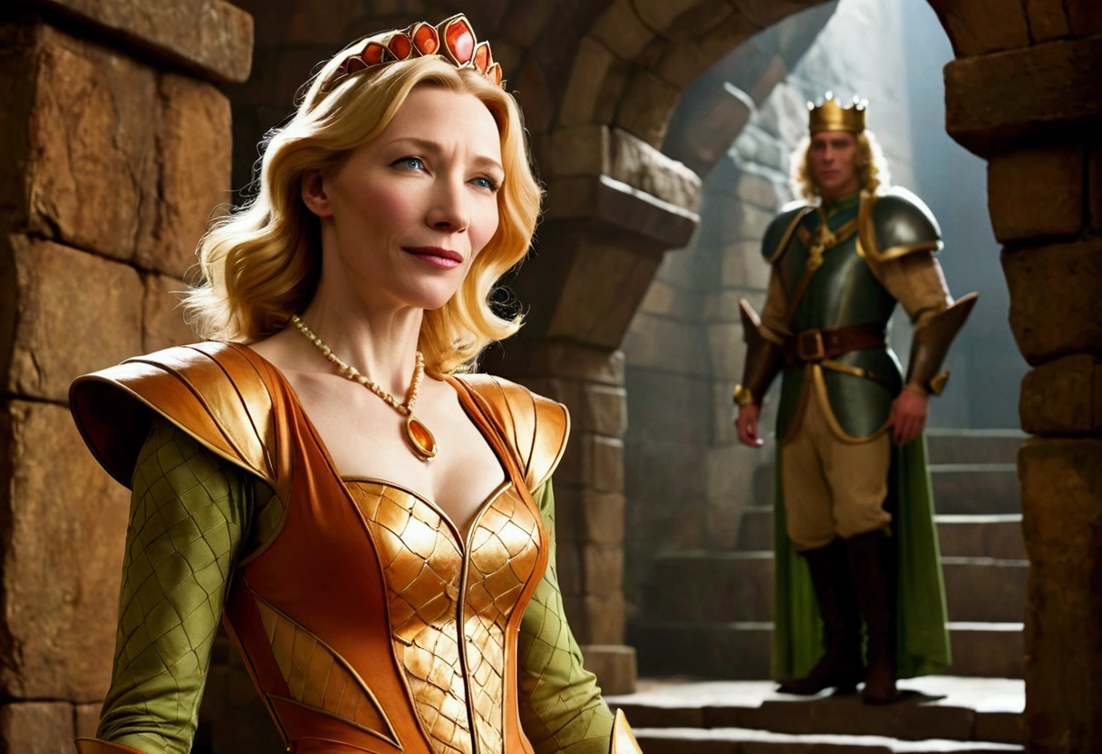 Cate Blanchett, age 25, is in costume as Princess Daphne from video game Dragon's lair. Damsel in distress, dramatic poses, overly sexual, dangerous dungeon setting
