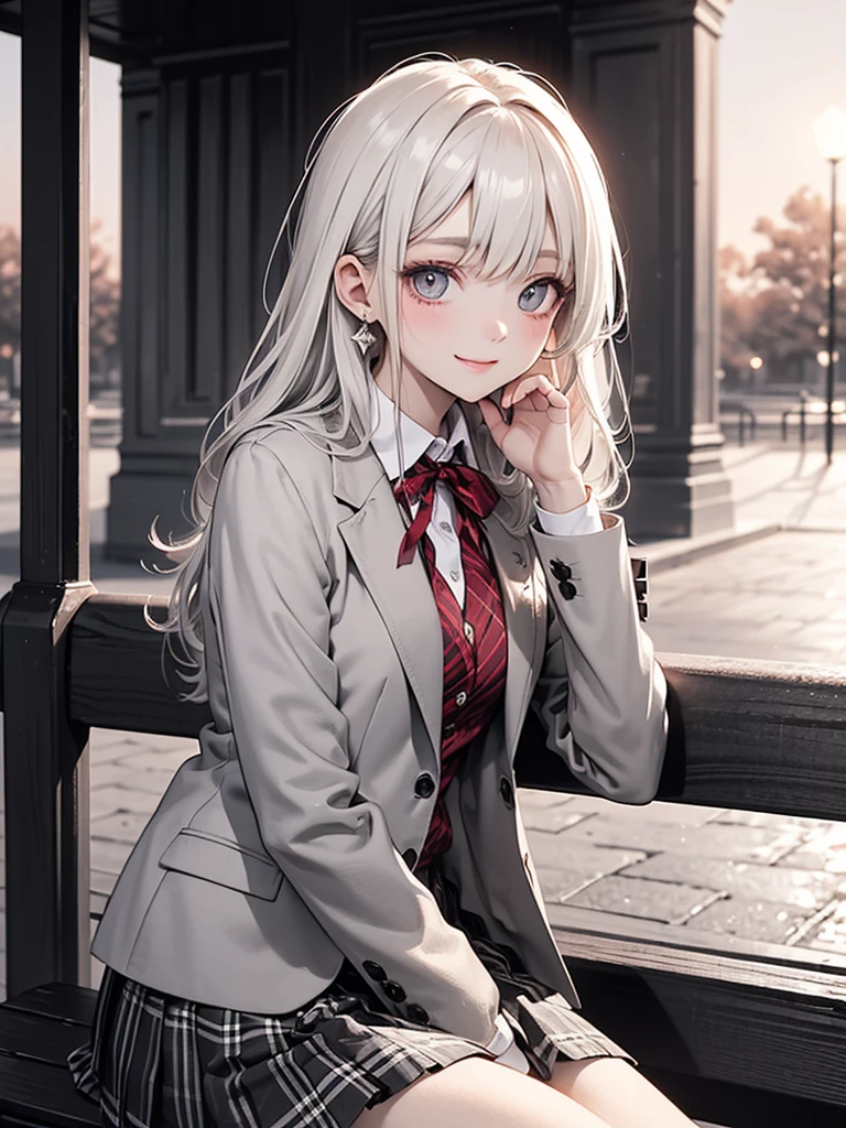 (Monochrome Art),(masterpiece),(4K),high quality,(Perfect Anatomy),Flat Chest,(1 high school girl),((solo)),light grey blazer,checkered skirt,red ribbon tie,white hair,Beautiful smile,beautiful and detailed eyes,((sidelong glance)), (highly detailed elegant), detailed skin,dreamy and happy atmosphere, bokeh, silky to the touch, hyper detail,soft pastel tones,soft and warm lighting,sunset,sit on a bench,from the side,black and white and gray