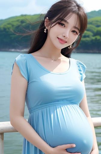 (highest quality、masterpiece、8k、best image quality、hyper realism、Award-winning work)、1 pregnant woman、(独奏:1.1)、(1 photo:1.1)、(Height: 140cm:1.1)、(low length:1.1)、(ta:1.1)、(Feminine and girly cute accessories:1.1)、(フェミニンでガーリーな可愛いLolita少女:1.1)、(Elegant pastel light blue T-shirt:1.1)、(Pastel light pink berry long flare skirt:1.1)、(late pregnancy:1.2)、Standing gracefully、(Random beautiful nature scenery background:1.1)、(Spectacular and mysterious scenery:1.1)、(beautiful clear sky:1.1)、(beautiful thunder clouds:1.1)、Full body photo of a woman standing gracefully with the biggest smile looking at me、accurate anatomy、perfect makeup、long eyelashes、glossy lips、Ultra high definition glossy skin、(Ultra-high definition bright and beautiful skin:1.1)、Ultra-high definition glossy lips、Super high definition beautiful teeth
