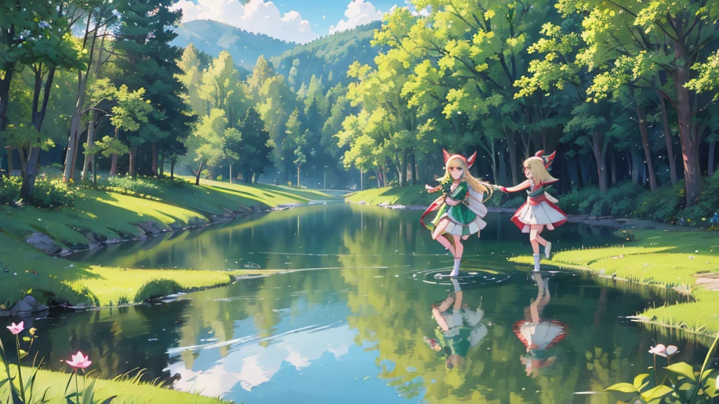 Elf girls frolicking in a lake surrounded by greenery