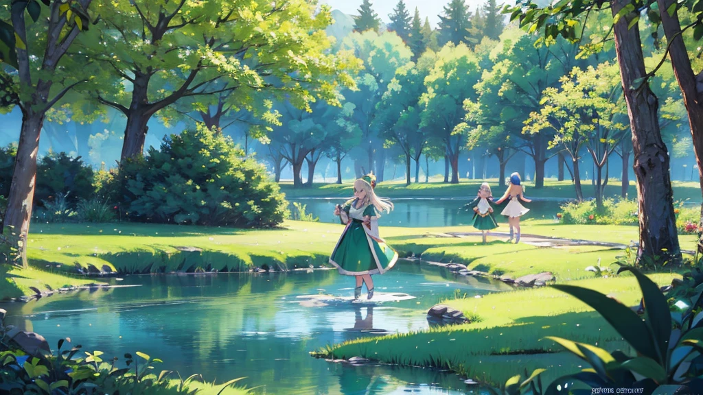 Elf girls frolicking in a lake surrounded by greenery