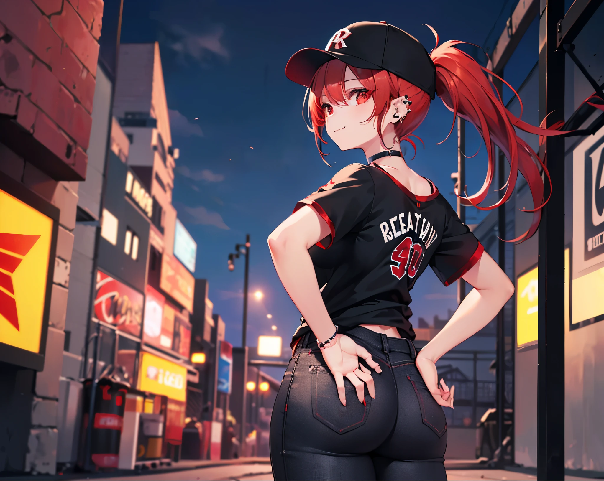 Realistic,Highest quality, Ultra Detail, High-quality CG rendering, The most delicate and beautiful, Floating softly, High resolution, (1 girl), (Highest quality,4K,8k,masterpiece:1.2),(All red hair:1.5), (ponytail:1.5),(Red eyes:1.5),(Slightly larger breasts:1.2), (Oversized black short sleeve t-shirt:1.5),(Black skinny jeans:1.5),(Black baseball cap:1.5),In the city,old buildings,Narrow back alley,(Are standing:1.3),smile,(Piercing in left ear:1.3),(Pitch black choker:1.5),(Turn your back to your audience:1.3),Butt