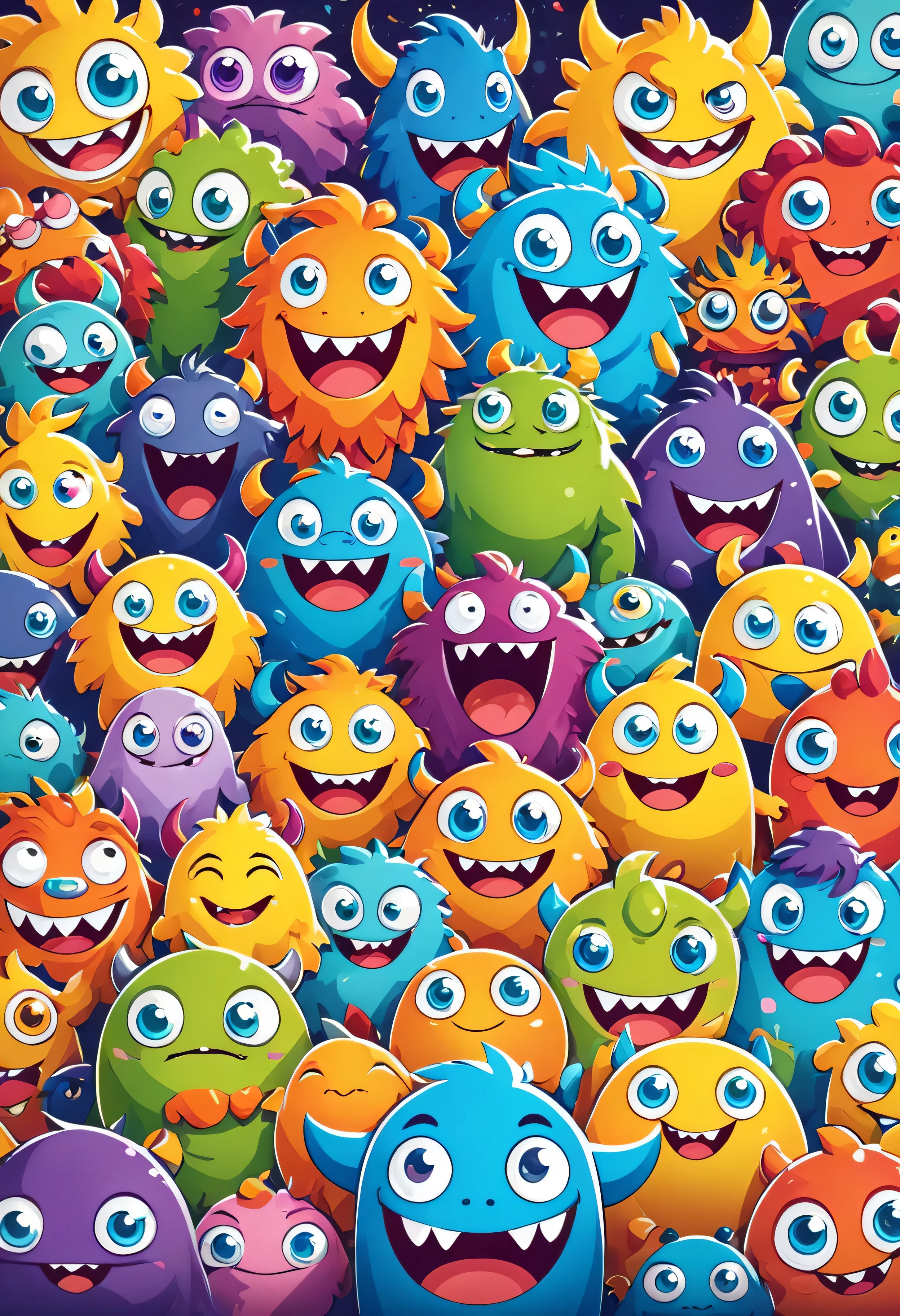 Create a 4K wallpaper with several different colored cartoon monsters, vectorized, friendly and cheerful, representing a happy expression, surrounded by relevant elements and with a suitable background.