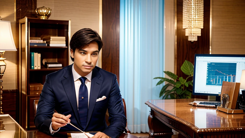 "Create a hyperrealistic 3D image of a luxurious study room with a sophisticated male businessperson deeply engrossed in analyzing financial charts on a sleek desk. Use vibrant colors to highlight the opulence and depth of wisdom in the scene."