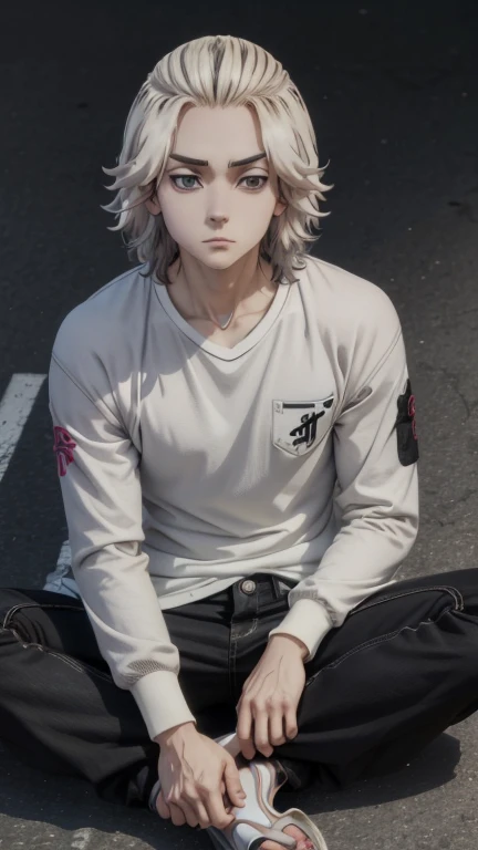 A male character in the anime series "Tokyo Ravenger" named Mikey has white eyes, black pupils, with long, gray hair that reaches his shoulders, wearing his trademark black jeans shirt, wavy sailor pants, flip-flops, sitting at school.