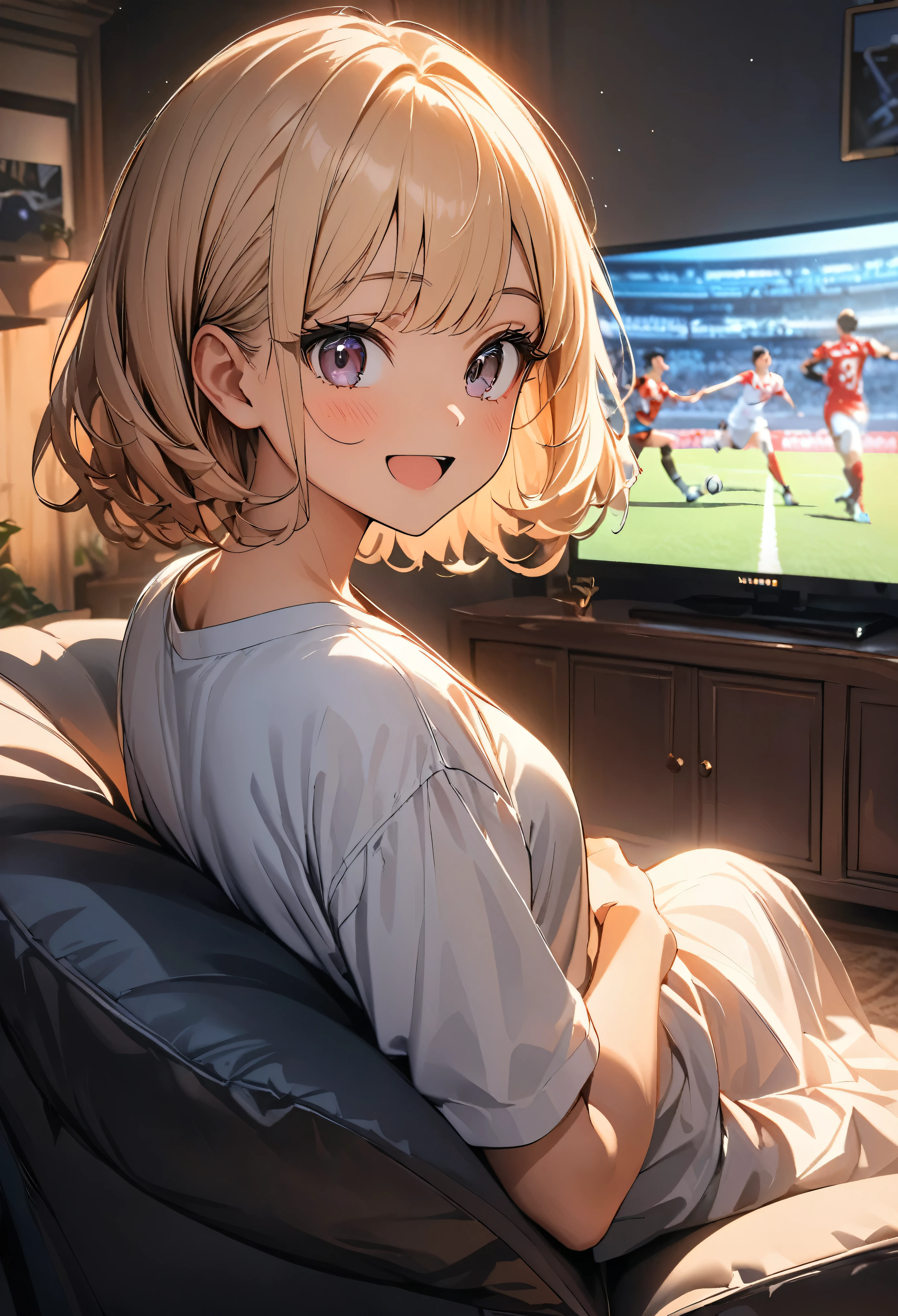 (Highest quality:1.2, Very detailed, up to date, Vibrant, 超High resolution, High Contrast, masterpiece:1.2, Highest quality, Best aesthetics), 1 girl, Beautiful young woman watching the Olympics in Very detailed:1.2, Back view of a woman engrossed in watching TV, living room, Cozy interior, ((1. Live sports on a large screen TV:1.1, Watching sports in front of the TV)), Soft lighting, (Excited, Shout out:1.1), Elegant Dresses, Focused facial expression, Comfortable sofa, Potted plants, Warm colors, Positive Energy, Calm background, A nurturing presence, High resolution, Sharp focus.