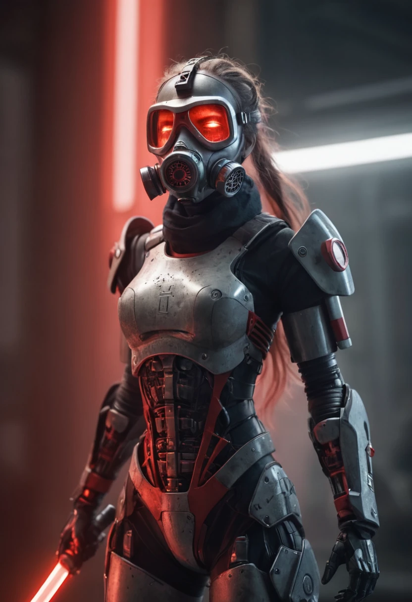 A futuristic female,  miko motif exoskeleton suit, led, gas mask, holding a red blade, machinery, digital engraving, deep glow effect, hdr, light particles, cinematic lighting, depth of field