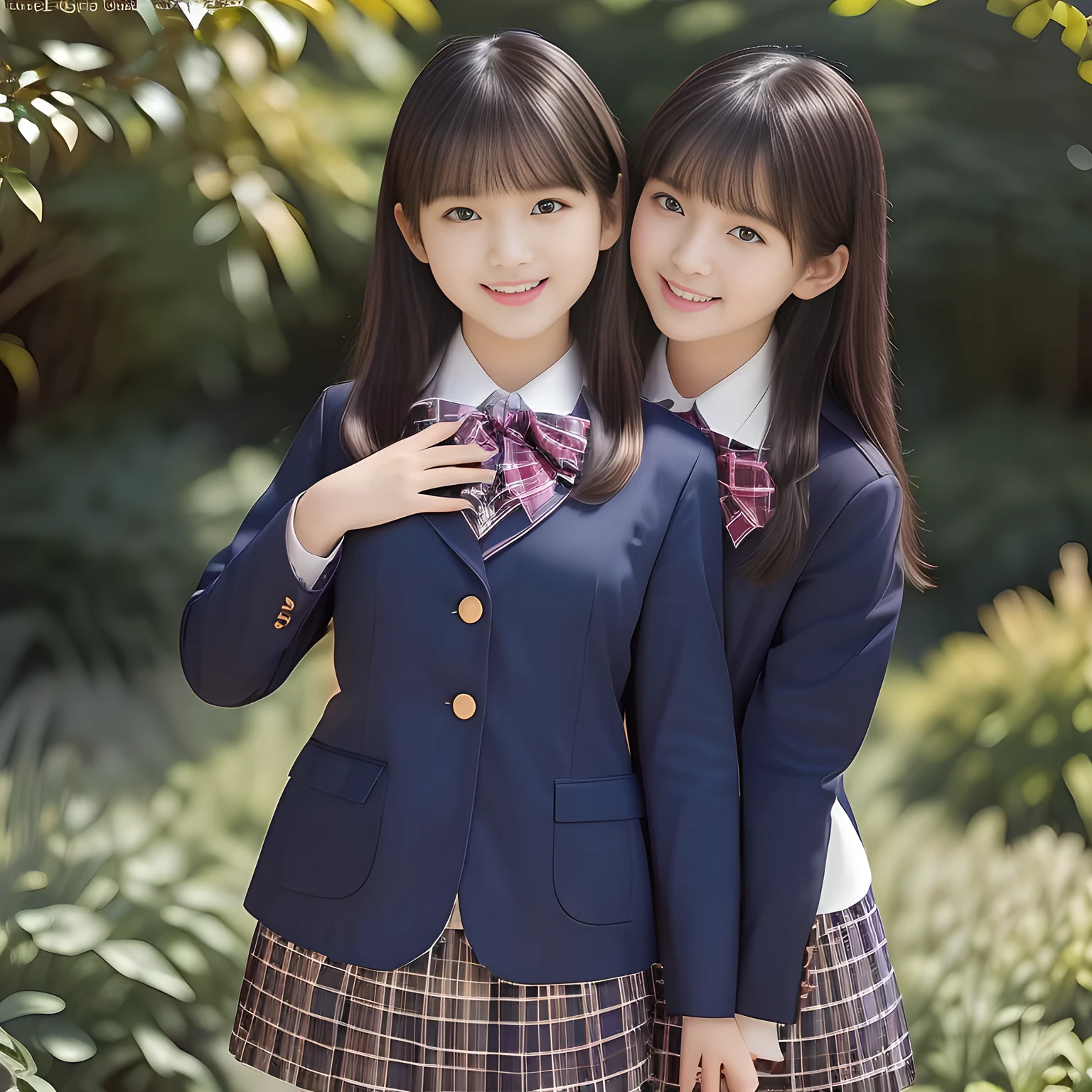 (Highest quality, masterpiece:1.2), Highest quality, High resolution, 1080P, 8k, height: 158cm, ((A noble, graceful and intelligent 14yo Japanese young idle who has a best proportion)), ((So sweet, very noble, neat, and pretty 14yo Japanese beautiful girl)), ((A real, very girly, sweet, cute and noble Japanese actress)), ((((A beautiful Japanese 14yo cute fashion magazine's model)))), ((((Very pure white face and limbs)))), Glossy Lips, (Evenly cut curled bangs), ((Very beautiful, droopy, cute, pure, noble brown eyes)), ((Super long, black straight hair )), (Very shiny, glossy Lips), ((Beautiful straight hair like a school promotion model)), Watch at you, ((Incredibly well organized, Rich facial expressions)), ((Plump and beautiful white skin and face)), ((Pure, clear, gentle brown eyes)), ((staring at me)), Glossy Lips, ((Noble and elegant)), Very beautiful blue skirt, ((Large upward-curving lips)), ((((Navy Japanese school blazer with noble golden emblem)))), ((Navy and sapphire blue Japanese school uniform)), ((Tartan check pattern dark blue pleated long skirt)), ((Cobalt blue string chest ribbon)), ((((An ecstatic expression of boundless joy)))), (((Beauty and fashion magazine for young girls))), (Pretty eyes and faces with perfectly detailed:1.4), ((Cute beautiful knees)), ((Well-shaped ample breasts)), ((Tilting his head and smiling)), ((Holding her chest ribbon with her own hands))