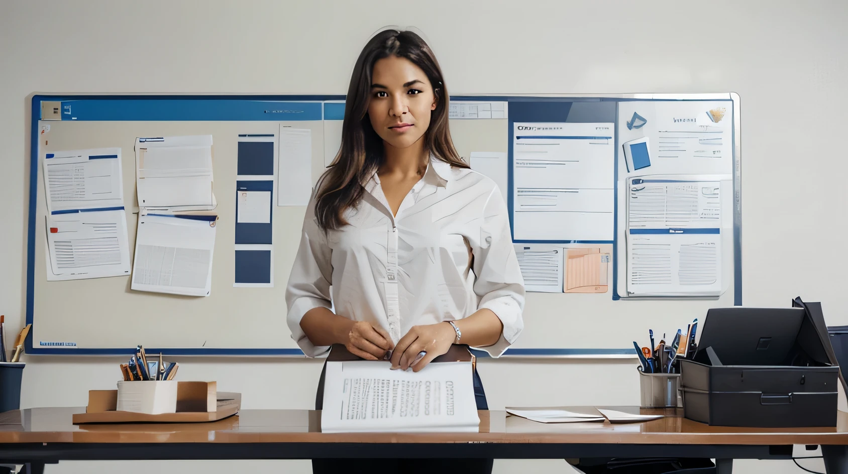 "A business person or entrepreneur standing at a desk cluttered with papers, working on a new model. A whiteboard in the background shows the phrase 'Learn from Failure,' representing hard work and the effort to improve."hd