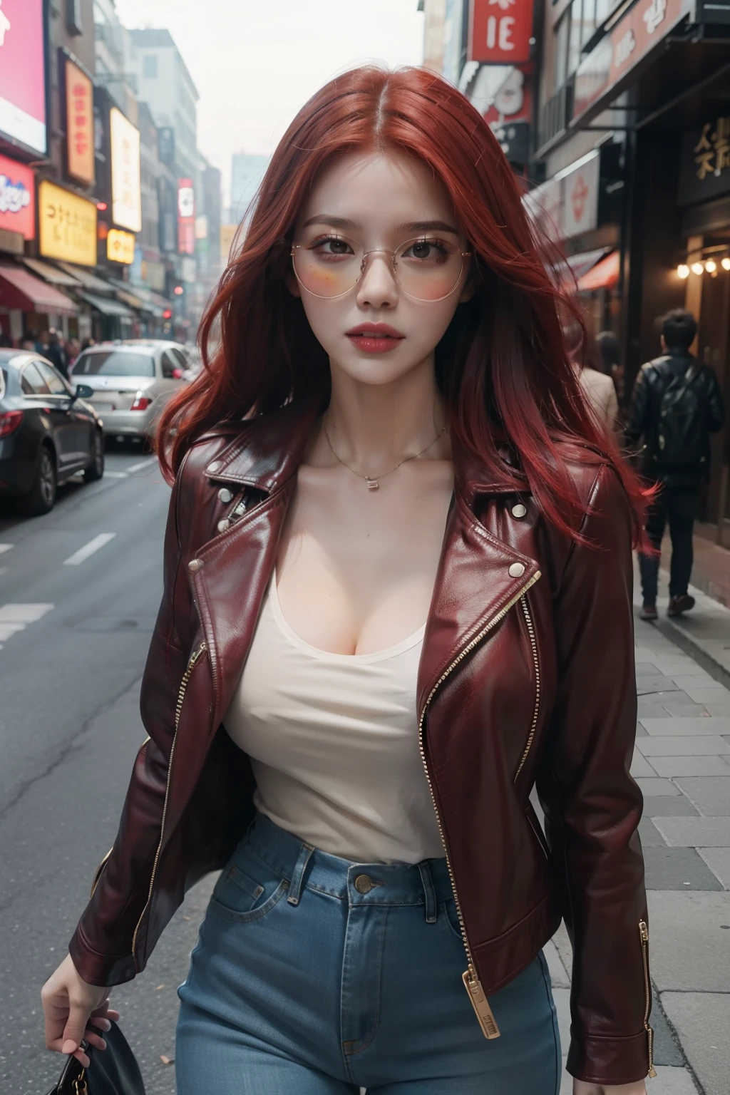 A red-haired woman, exuding an aura of mystery and allure, strides confidently down the bustling streets of Seoul, Korea. She wears a snakeskin-patterned leather jacket, its rich red hue contrasting sharply with her vibrant hair. The jacket is unbuttoned to reveal a white blouse beneath, its edges subtly frayed, adding to its vintage charm. Her sunglasses, perched atop her head, have tinted lenses that reflect the neon lights of the cityscape. Her red hair falls in loose waves over her shoulders, the strands catching the wind as she moves. She carries herself with an air of enticing assertiveness, her