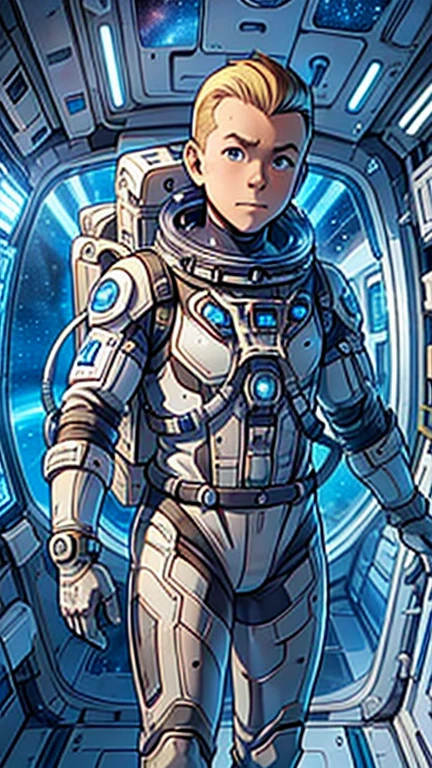 (1man, Tintin,1boy), (extremely detailed CG unit 8k wallpaper),(master part), (best quality), (ultra detail), (best illustration),(valvepunkai), cowboy shot,(Sharp eyeliner, ombre, detailed eyes:1),Outer Space Station interiors background,break,(astronaut in a space suit),upper body,short hair,blonde hair, 