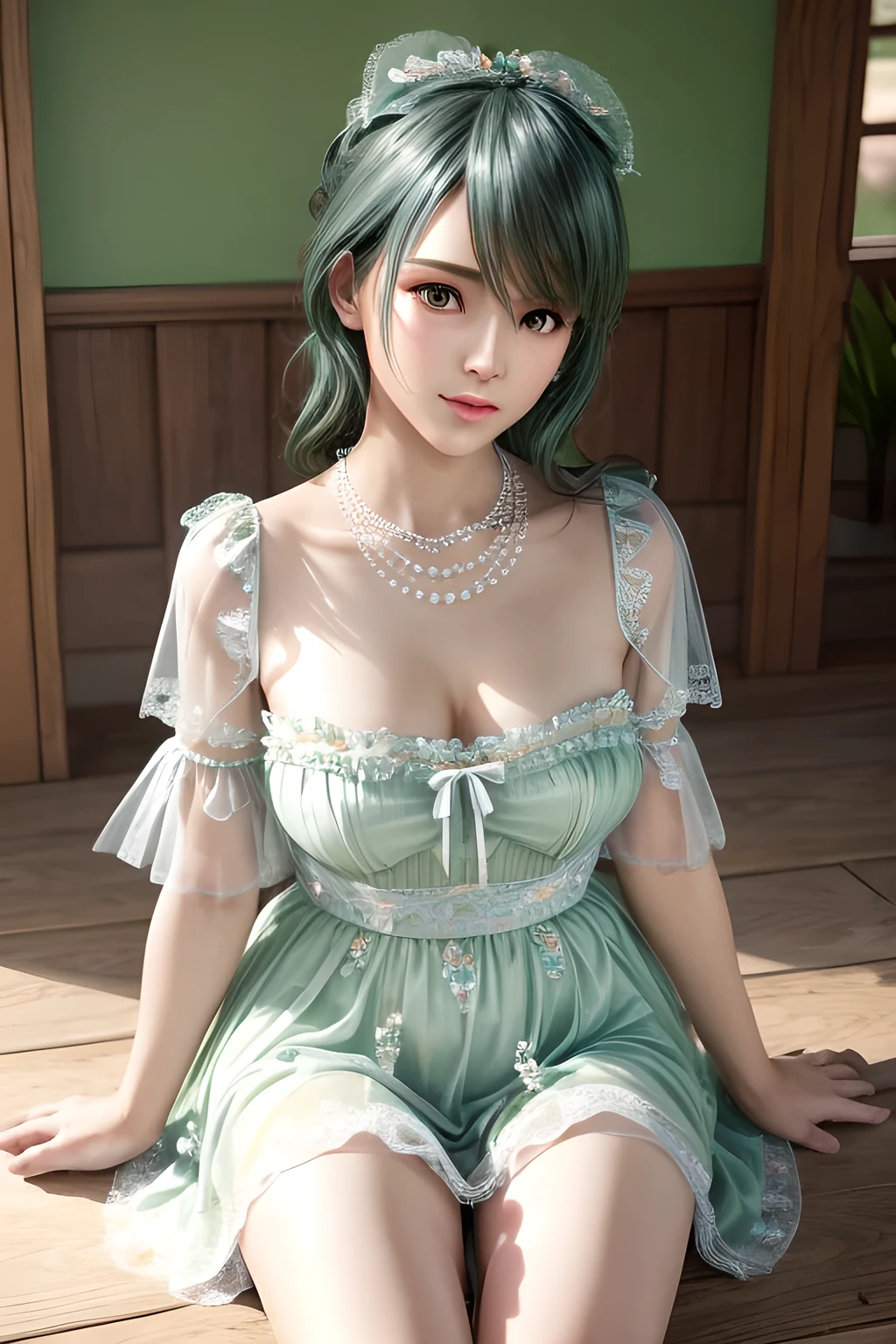 1girl,A female sits on a white floor with her legs crossed at one side. They wear a light green dress with sheer puff sleeves and a fitted bodice, tied with a light blue bow at the waist. The outfit exudes a feminine and sophisticated beauty, with a pearl necklace around her neck and flower accessories in her hair. The soft natural light creates a serene and elegant atmosphere, enhancing the overall composition. The background features floral elements and sheer curtains, adding an ethereal and springtime feel to the scene., (best quality,8k,highres,masterpiece:1.2),ultra-detailed,(realistic,photorealistic,photo-realistic:1.37),studio lighting,ultra-fine painting,sharp focus,physically-based rendering,extreme detail description,professional,vivid colors