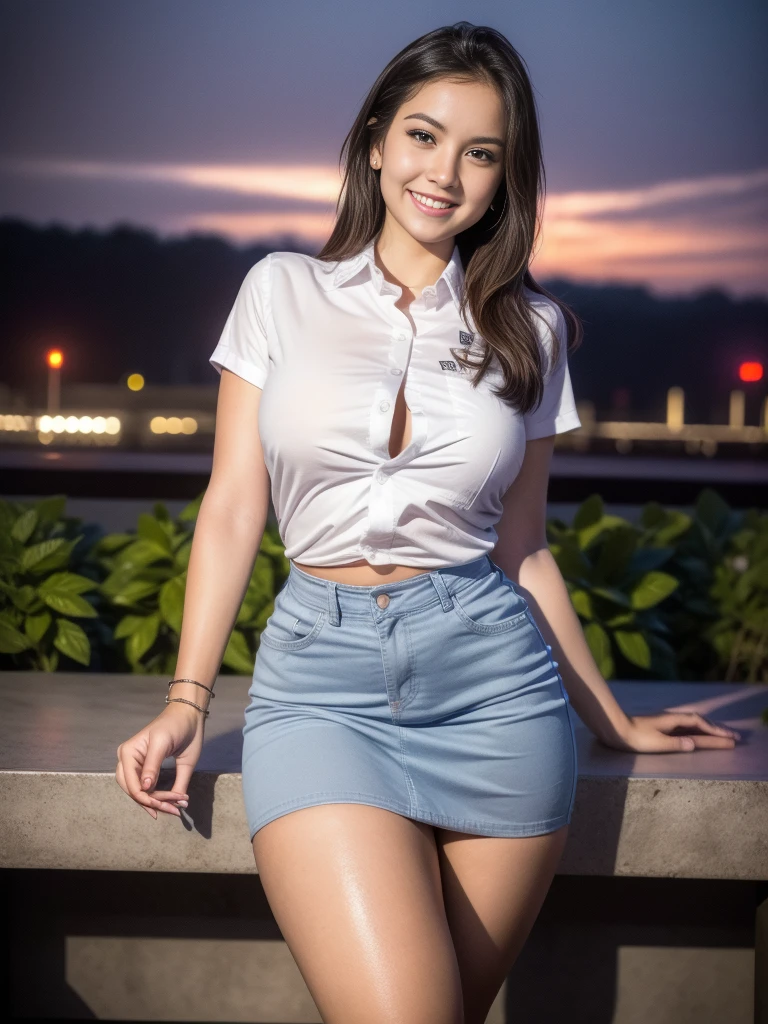 1girl, (uniform), standing, outdoors, night view, detailed Metropolitan city at the background, detailed face, little smile, detailed eyes, big breasts, smooth realistic skin, semi-curvy body, white shirt, grey blue miniskirt, looking at the audience, (8k, RAW photo, best quality, masterpiece: 1.2), (realistic, realistic: 1.37), ultra-high resolution