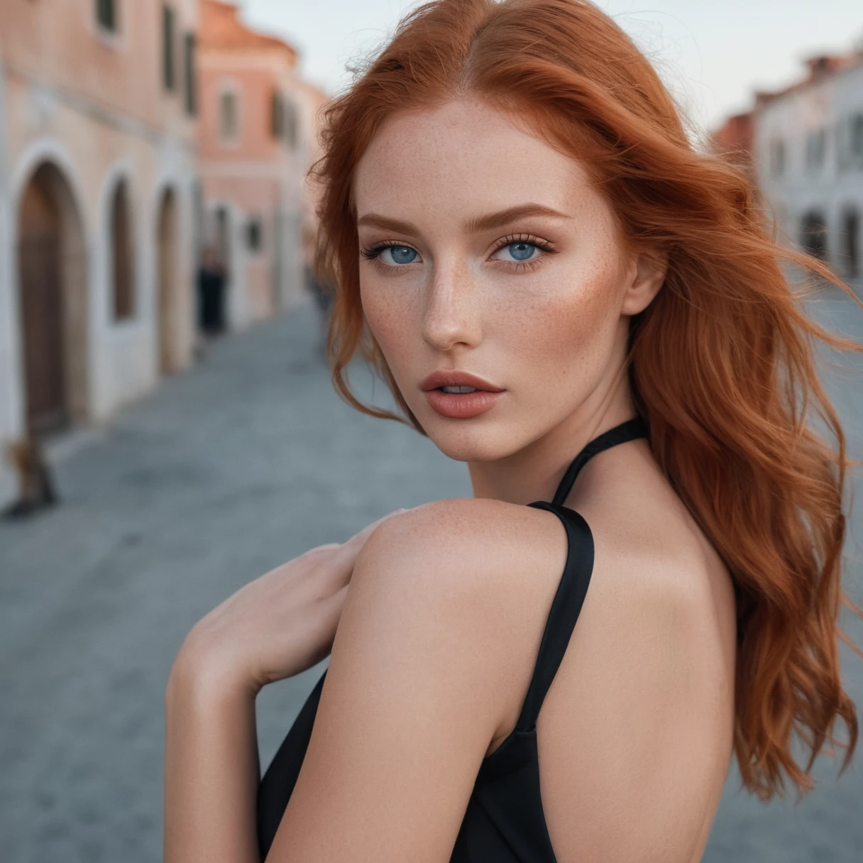 light red-haired model, Elena Fernades, mit light blue eyes, ((best quality)), ((MeisterwerK)), (detailed), perfeKtes Gesicht realistisches Foto einer schönen Frau mit langen hellrote Haaren, Influencers, light freckles, light blue eyes, big lips, Kein MaKe up, instagramart, K, MeisterwerK, sharp photo, look at the viewer,  holding a Dior bag, trage ein someone Hemd, Venice Beach street behind her, Los Angeles behind, dunKelbraune lange Haare, perfeKter Körper, search model, realistic photo of a girl, wear a long, someone, Black Dress, dunKel draußen, just after sunset, holding hands behind him, Photo size 480 x 768 Fantastically beautiful woman.