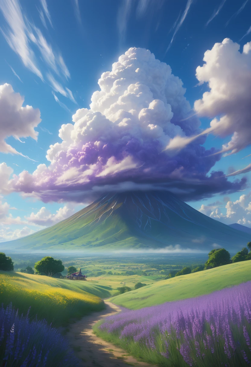 "Huge cumulonimbus clouds stand majestically against the blue sky, Purple lavender，Spring flowers cover the lush grassland，form a tapestry. The scenery exudes the breathtaking beauty of nature, bathed in cinematic light. HD rendering with Octane Render, Scenes sparkle in mesmerizing 3D renderings，Reminiscent of the magical world of Studio Ghibli. This is a photorealistic painting rendered in stunning 8K resolution, Create a dreamy atmosphere."