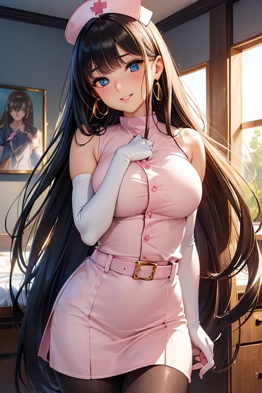#基本
A girl is posing for a photo, ((One Girl)), (((Baby Face:1.2)) + ((cute:1.3))),
#A girl is posing for a photo, ((One Girl)), (((Baby Face)) + ((cute)) + ),
break
#Clothing Accessories
((Light pink nurse clothes:1.5) : (Shiny) + ((Pencil Mini Skirt)) + (High neck sleeveless) + (Gold belt for a tight fit at the waist) + (Black Pantyhose) + (Elbow Gloves)), (Shiny白ハイヒール),
(Gold hoop earrings),
break
#Features
((Black Hair)), (blunt bangs:1.4), (Long Hair + Straight hair),
((Droopy eyes), blue eyes, (Big eyes:1.2)), (Big Breasts),
break
#background environment
(noon, (sunlight shines, Modern hospital examination room)),
#Facial Expression Pose
((Wicked Smile)), (model posing),
#composition
(To the camera, (Focus from the front), (Cowboy Shot)),
break
#Body parts elements
(Slim figure),
(Detailed Hair, Beautiful Hair, Shiny Hair),
(double eyelid, Long eyelashes),
(Expression of fine eyes, Beautiful and delicate eyes, Sparkling eyes, Eye Reflexes, Glitter Eyeliner),
(Human Ear),
(Beautiful Nose, Thin Nose),
(Shiny唇, Beautiful Lips, Thick lips, Shiny唇, Natural Cheeks),
(Detailed face, Symmetrical facial features),
(Detailed skin, Textured skin, Beautiful Skin, Glowing Skin),
break
#Quality Image Quality Common
(((Highest quality)), ((masterpiece)), ((Very detailed))), ((Ultra-high resolution)), ((16K, 1080P)), ((FHD)),
(Anatomically correct), (Realistic), (3DCG),
#Quality image illustration
((comics, anime)), CG illustration,