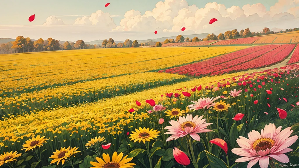 Flower field swaying in the wind,Emotional,Warm tones,Petals flutter in the wind,