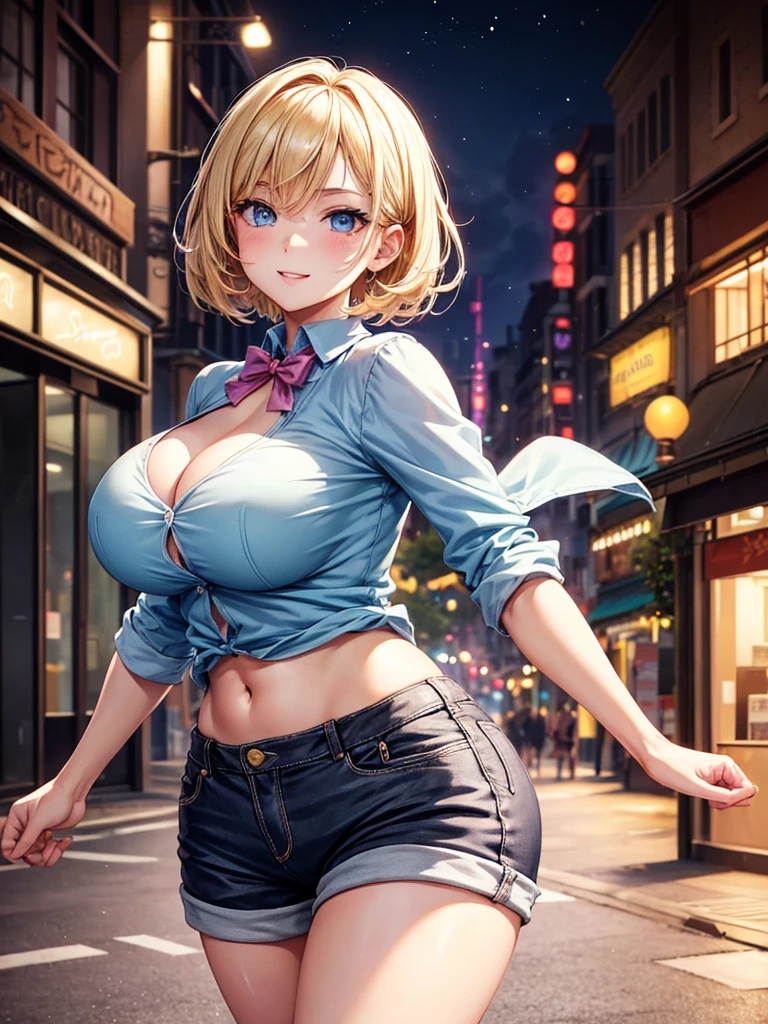 Anime style, super fine illustration, highly detailed, dynamic angle, beautiful detailed, gentle expression, pretty & charming & gentle expression & sensual voluptuous girl with blonde straight short hair & blue eyes & a bright smile & huge breasts & slim waist is wearing pink shirt & denime shorts, background on the romantic street in the urban city, romantic story, Sparkling lights, solo, perfect fingers, perfect arms, perfect legs, masterpiece. masterpiece.