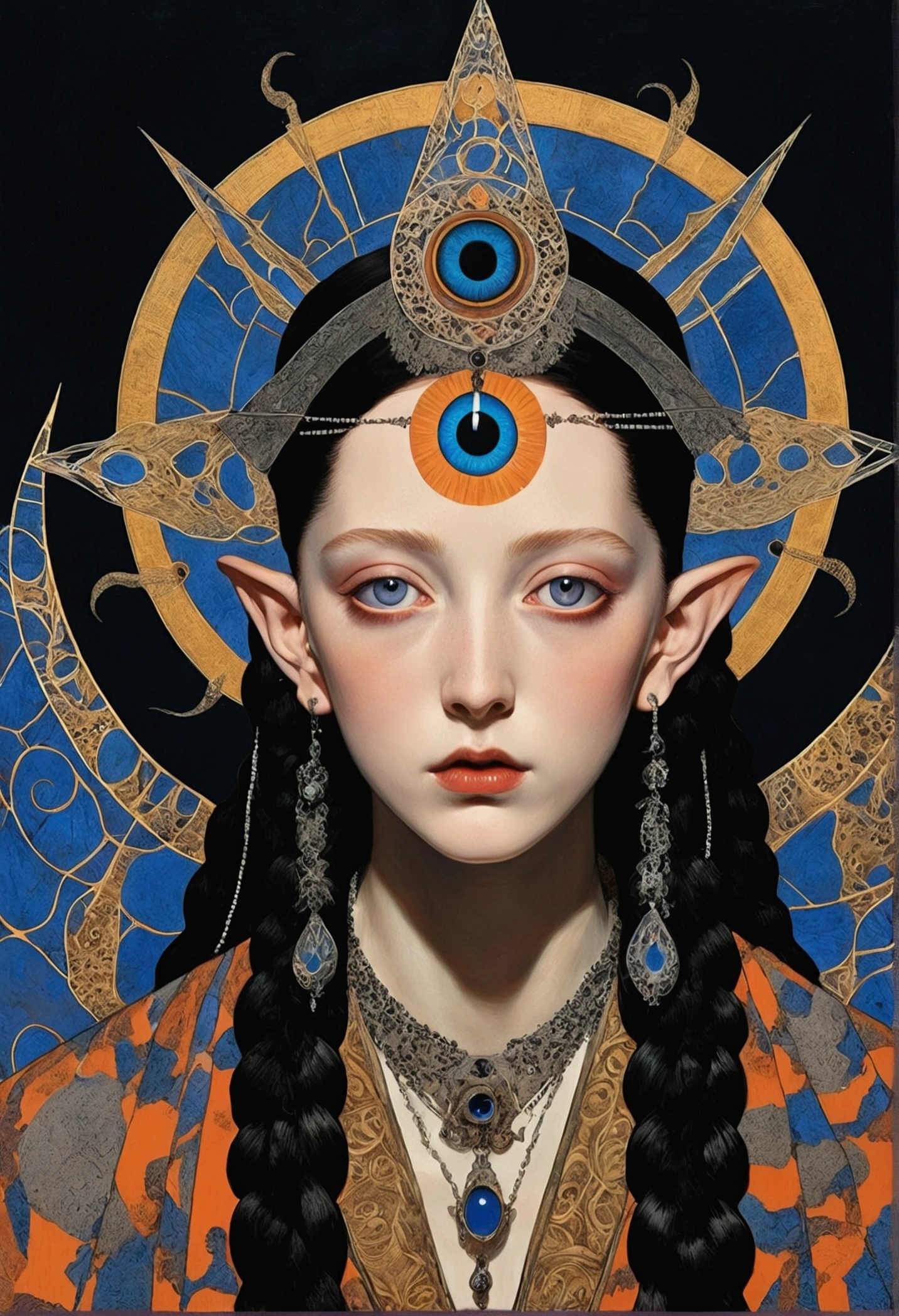The art of math，Digital Illustration，Drawing，Decorative paintings，(((Harry Clark (Harry Clarke) style,圣地亚哥·卡鲁索style)))，Simple，clean，Fine painting style，(((The third eye on the forehead。short hair，Pointed ears，robe)))，Wide Angle，Black and blue，Solid color background，Compass background