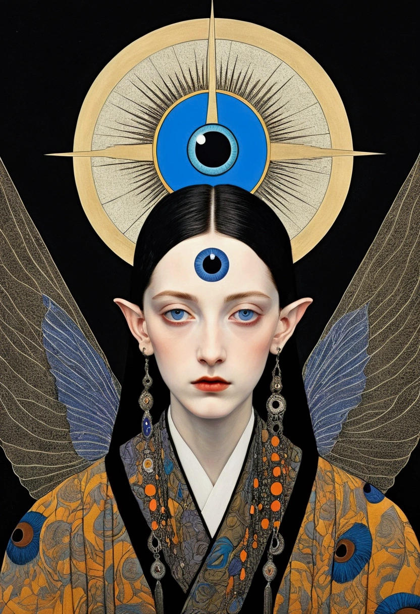 The art of math，Digital Illustration，Drawing，Decorative paintings，(((Harry Clark (Harry Clarke) style,圣地亚哥·卡鲁索style)))，Simple，clean，Fine painting style，(((The third eye on the forehead。short hair，Pointed ears，robe)))，Wide Angle，Black and blue，Solid color background，Compass background