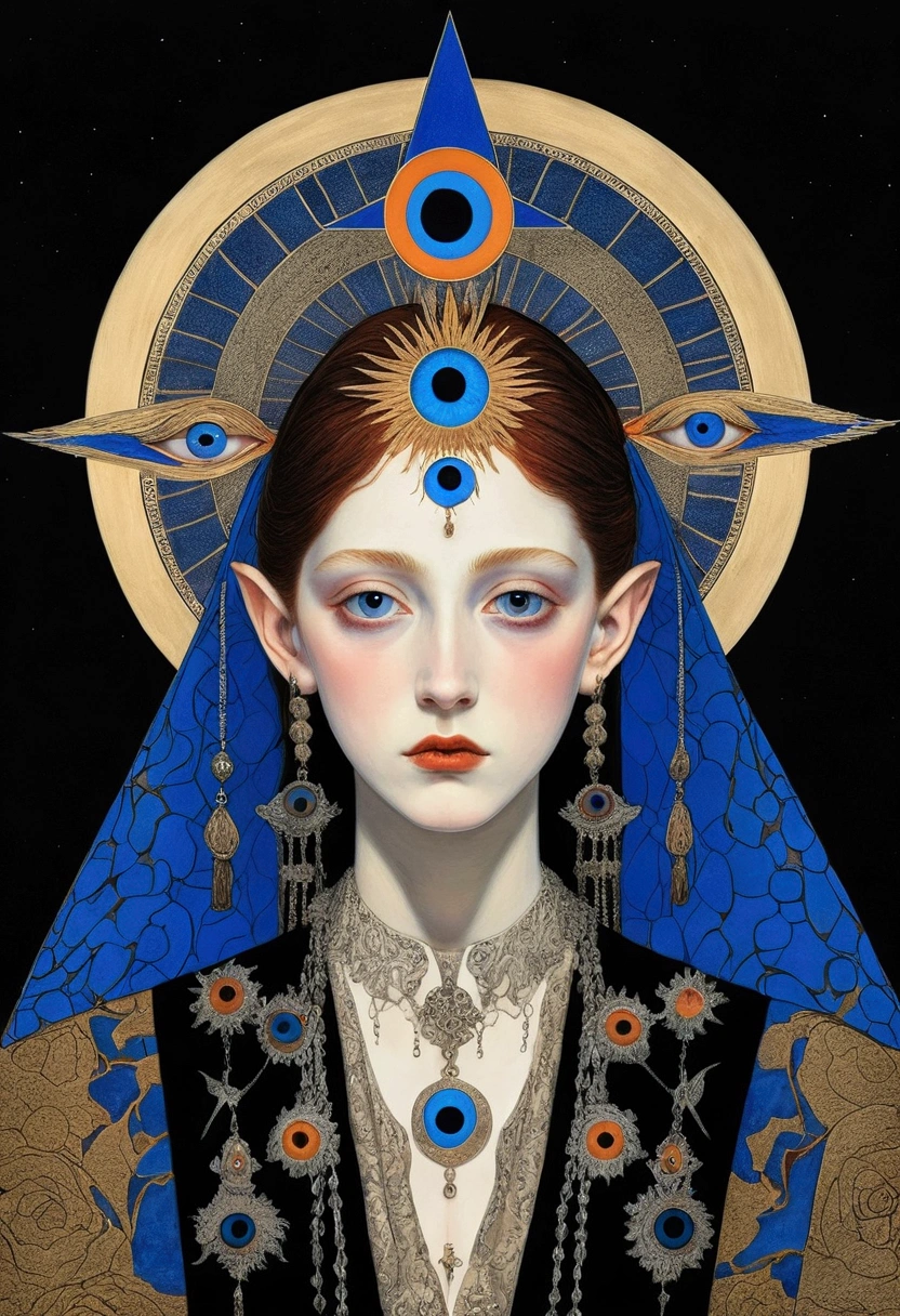 The art of math，Digital Illustration，Drawing，Decorative paintings，(((Harry Clark (Harry Clarke) style,圣地亚哥·卡鲁索style)))，Simple，clean，Fine painting style，(((The third eye on the forehead。short hair，Pointed ears，robe)))，Wide Angle，Black and blue，Solid color background，Compass background