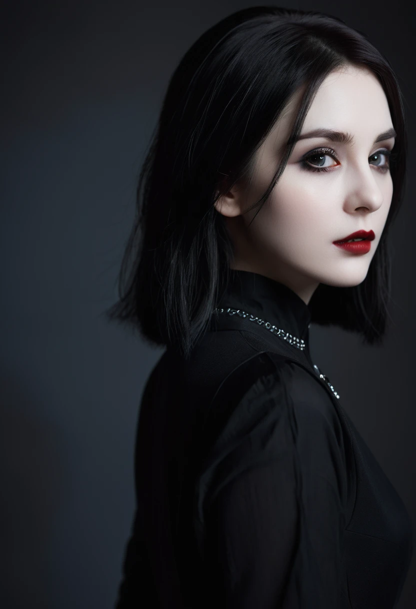 (high quality: 1.3), Lenses, masterpiece, (Clear focus: 1.5), (Reality: 1.3), Medium Portrait (A young beautiful vampire woman, Pale skin, Gothic, Still proud and fierce, Short black hair, Dark appearance, Wearing a very fine dark tunic, Dark atmosphere, Instead, it uses sharp contrasts of light and dark to create shapes.), It's night, (Highly refined skin), (Delicate face), Detailed background, Dark Lights, Dusk lighting, Volumetric Lighting, Intricate details, Ultra HD,