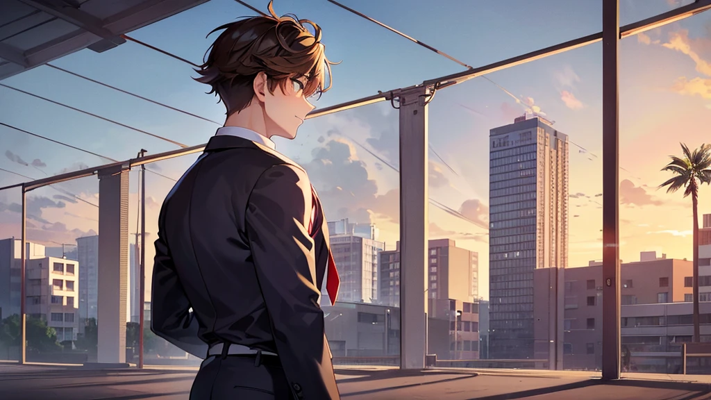 The background is the back of a deserted gymnasium on a summer evening.、An upper body shot of a handsome and manly high school boy、The high school boy has light brown hair, red cheeks, and is looking at me with a very embarrassed expression.、He is wearing his summer uniform and his tie is loose.