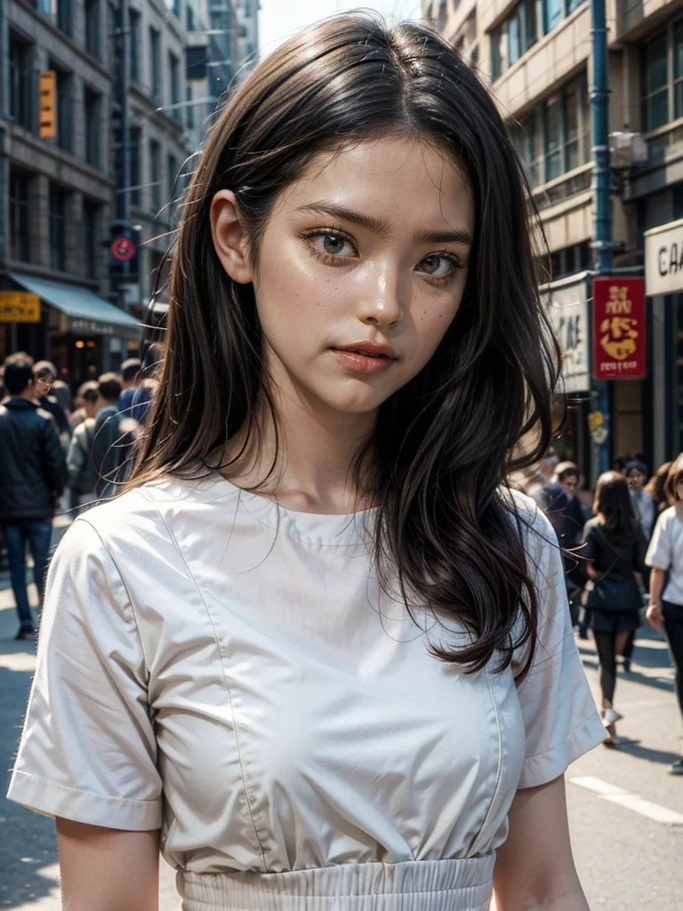 Pretty thai girl, white, long brown straight hair, dark eyes,not smiling, perfect skin, face posture, 8k, illustrated cartoon art ,dark, street, chanel dress